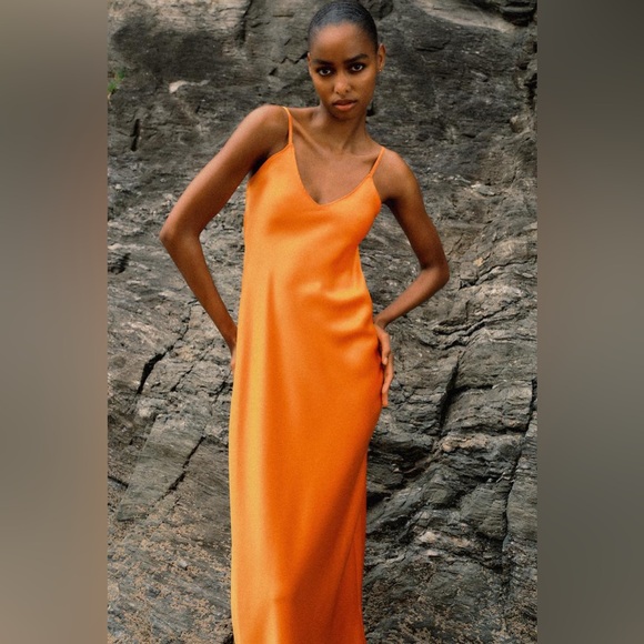 Zara dress maxi midi hot orange satin effect wedding party cocktail - Picture 14 of 16